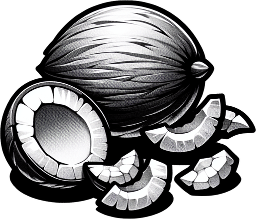 A coconut and a few pieces of coconut.
Single Game Texture. In-Game asset. 2d. Blank background. High contrast. No shadows.