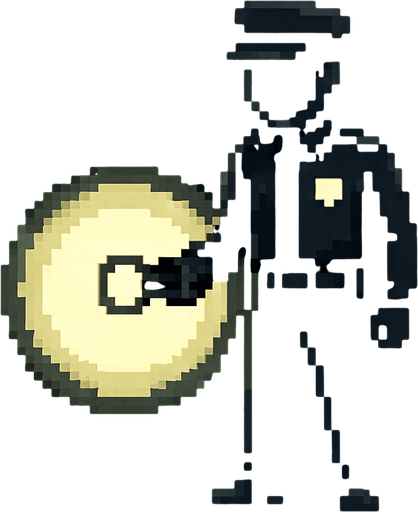 Guardia completamente negro con linterna iluminando con un circulo de aura pixelart.
In-Game asset.  2d.  High contrast.  No shadows