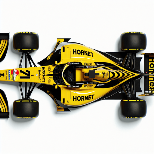 F1 race car from 2001. Yellow body with black sponsors and hornet logos with MasterCard sponsor. TOP VIEW!.
Single Game Texture. In-Game asset. 2d. Blank background. High contrast. No shadows.