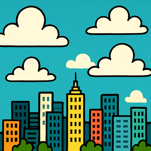 fondo de caricatura 2d, en la parte de abajo se vea edificios de ciudad y el 70% que sea del cielo.
In-Game asset.  2d.  High contrast.  No shadows