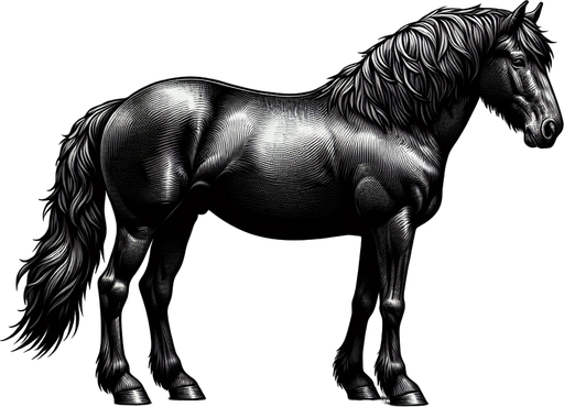 Black horse.
Single Game Texture.  In-Game asset.  2d.  Blank background.  High contrast.  No shadows