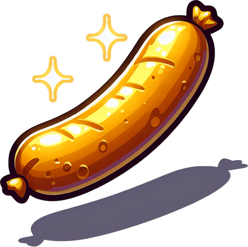 A gold sausage.
Single Game Texture. In-Game asset. 2d. Blank background. High contrast. No shadows.