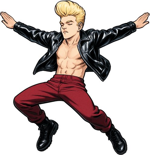 Swishy graceful man Cyberpunk manga, flying skydiving arms and legs flat straight face up, shiny black leather biker jacket longsleeves shirtless Skinny abs blonde pompadour guy, action shot wine red joggers combat boots, Background removed, "Full-body character, entirely in frame, no cropping of face, head, or feet" "Complete character visible, from head to toe, fully centered in the image" "Entire character, including face and boots, fully within the frame" Character fully contained within a square frame, no edges cut off fashion model pose