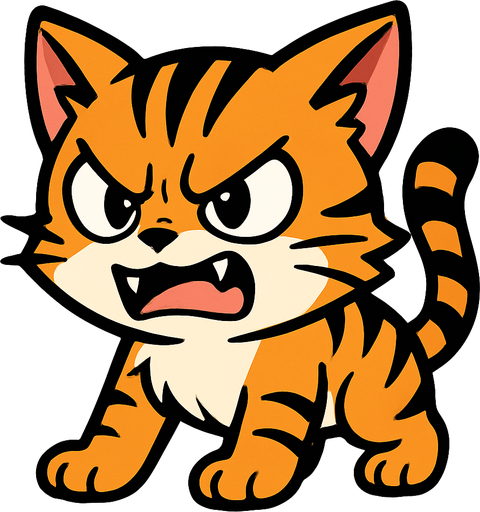 An angry but cute wild cat manga cartoon style.
In-Game asset.  2d.  High contrast.  No shadows