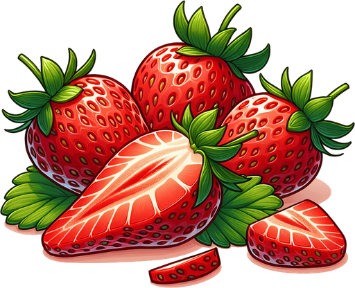 Lush, mature strawberries, cleaned and slices and ready for use in bakery or for decoration..
Single Game Texture. In-Game asset. 2d. Blank background. High contrast. No shadows.
