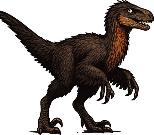 A large, realistic Utahraptor dinosaur covered in dense, shaggy feathers. The plumage is a mix of dark brown, black, and rusty orange along the neck and tail. It has long, powerful legs with a signature sickle-shaped claw on each foot, and feathered arms resembling wings. The head is narrow with a curved snout, sharp teeth visible, and piercing amber eyes. The long tail is covered in sleek feathers, giving balance and a bird-like appearance..
In-Game asset.  2d.  High contrast.  No shadows
