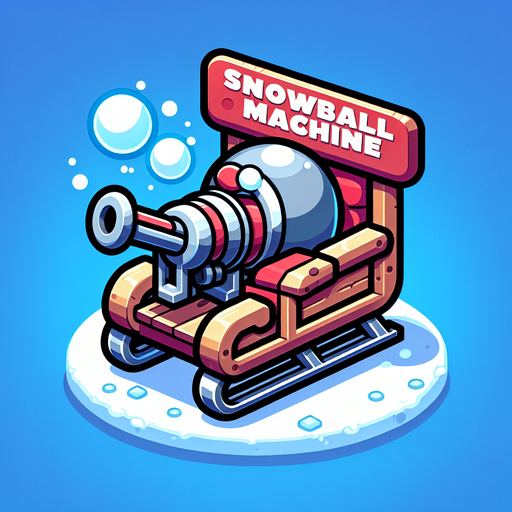Icon for a Snowball machine on the back of santas sledge, cartoon, with the text „snowball machine“ on the top Single Game Texture. In-Game asset. 2d. Blank background. High contrast. No shadows.