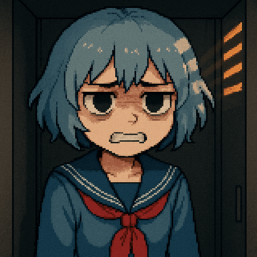 Yui is a cute 15-year-old anime girl with big black eyes and short, soft blue-gray hair (HEX: #b0b9d8). She wears a traditional Japanese school uniform called a sailor fuku. In this Pixel Art scene, Yui looks clearly upset—she has very noticeable dark circles under her eyes, her eyebrows are tense, and her teeth are pressed together in frustration. Her arms are relaxed and down at her sides, showing no physical aggression, just quiet tension. She’s inside a school locker, looking out through a metal grate with a serious, focused expression. The entire scene is viewed from inside the locker, with soft light coming through the vents, casting gentle shadows across her face and creating a slightly tense but family-friendly atmosphere.