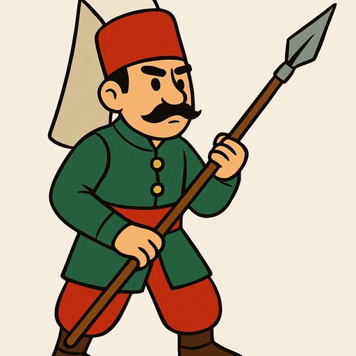 Animasyon çizgi dizi tarzında bir Osmanlı mızrakçısı.
In-Game asset.  2d.  High contrast.  No shadows