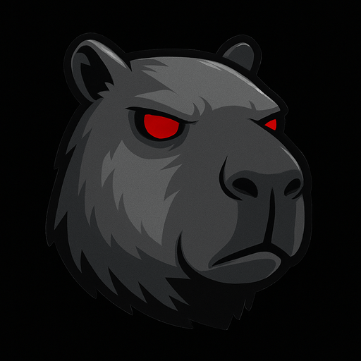 Quitale el casco y la resortera. Utiliza una paleta de colores grises. Has una expresion seria. Ojos rojos sin pupila. Utiliza los rasgos y formas de un capibara.