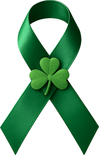 Green ribbon with shamrock in a white paper-card with rounded corners, front view..