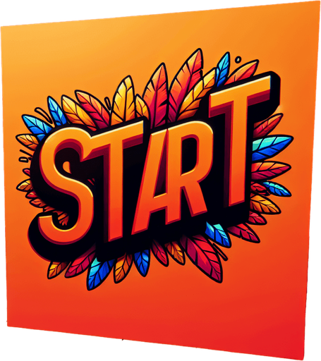 a orange SVG with big bold letters, that says start. a couple color feathers flying of the edge of the word.
Single Game Texture.  In-Game asset.  2d.  Blank background.  High contrast.  No shadows