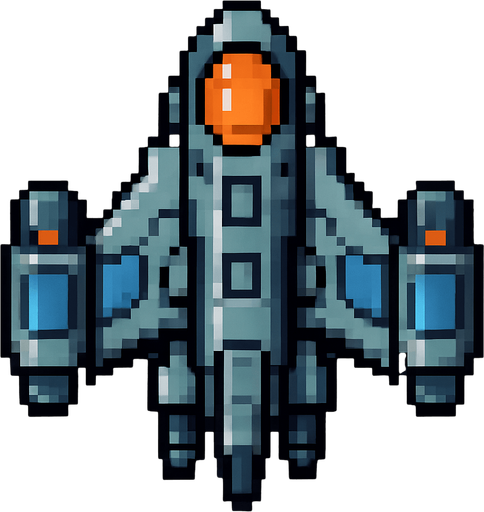 Una nave espacial futurista mirada desde arriba en pixel art.
In-Game asset.  2d.  High contrast.  No shadows