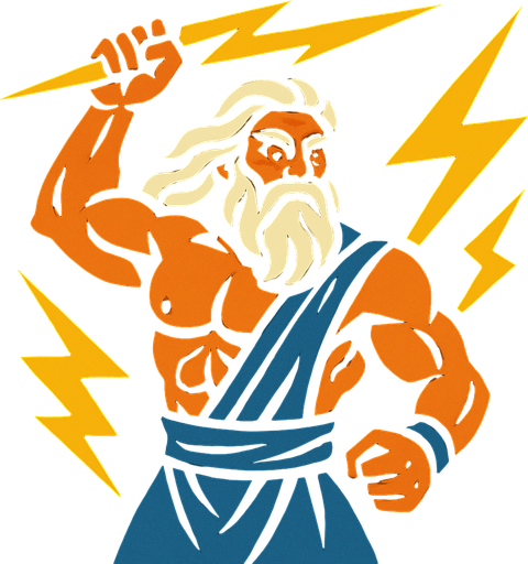 güçlü bir yıldırım tanrısı olan zeus çiz.
In-Game asset.  2d.  High contrast.  No shadows