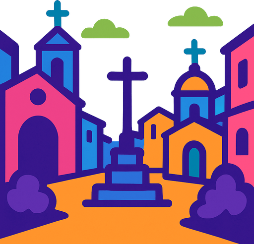 A religious street area.
In-Game asset.  2d.  High contrast.  No shadows