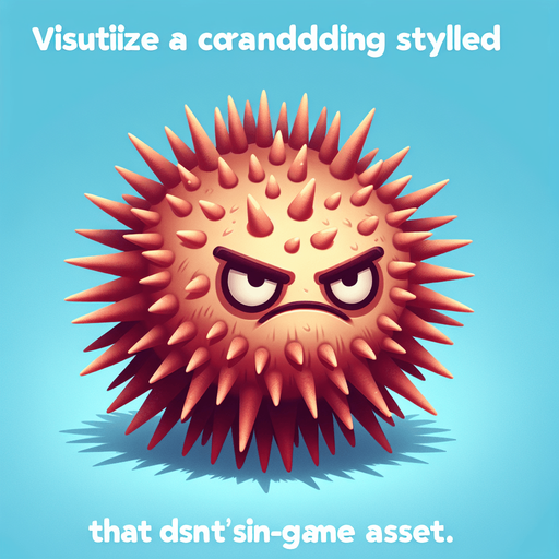 Sea urchin, cartoon, spiny, long spines, grumpy face, no shadow
Single Game Texture. In-Game asset. 2d. Blank background. High contrast. No shadows.