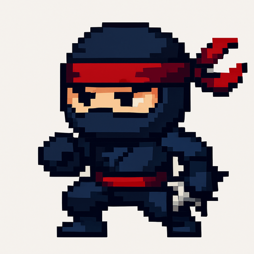 El ninja debe ser un personaje compacto y ágil en estilo pixel art, con un traje negro o azul oscuro que cubra todo su cuerpo excepto los ojos, los cuales deben ser expresivos y ligeramente entrecerrados para mostrar concentración o determinación; puede tener una banda o pañuelo rojo atado en la frente que se extienda hacia atrás con movimiento, y detalles mínimos como cinturón, guantes o pequeñas armas visibles como una estrella ninja al costado; el diseño debe ser simple pero dinámico, con animación sutil de respiración o movimiento de tela, y fondo transparente, ideal para integrarse en un juego de acción o reflejos con estética caricaturesca o retro..
In-Game asset.  2d.  High contrast.  No shadows