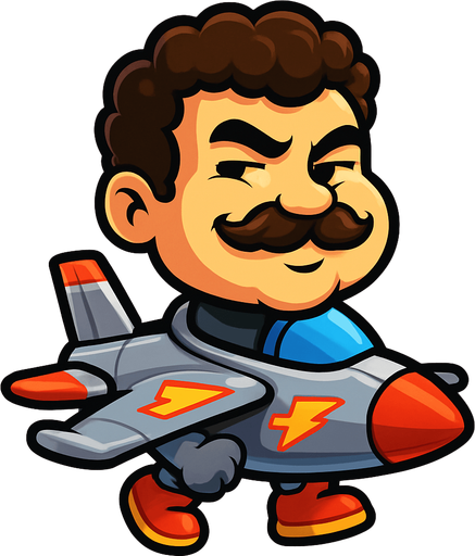 Design a cartoon-style character inspired by Head Ball characters, but themed as a fighter jet. The character should have an oversized head (like in the original Head Ball game), but instead of a human body, the head is mounted on a small cartoon fighter jet body. The jet should be stylized and playful, with exaggerated features like short wings, colorful decals, and a compact, fun shape. The cockpit should seamlessly blend into the character's neck or jawline area. The jet can have arms coming out from the sides of the fuselage like wings, and the rear part can have feet-like tail fins resembling shoes.
The overall design should feel dynamic, energetic, and arcade-like, as if mid-flight in a blue sky or cockpit environment.

The face should be: A cartoon-style floating head of a chubby young man with a round, soft face. He has thick curly short hair, a bushy mustache, and a mischievous half-smile with slightly squinted eyes. His cheeks are full, and his expression is confident and che.
In-Game asset.  2d.  High contrast.  No shadows