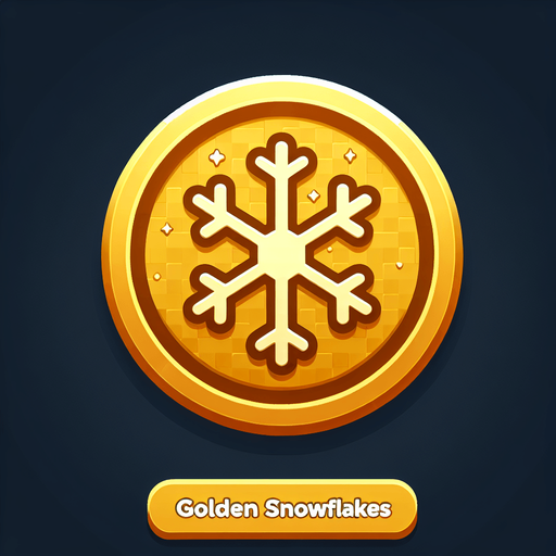 icon for a golden snowflake, on a circle, on the top is the text: "golden snowflakes" cartoon Single Game Texture. In-Game asset. 2d. Blank background. High contrast. No shadows.