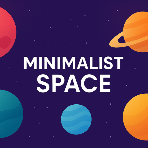 Fullscreen modern App Store landscape banner, 16:9, high definition, for a game titled "Minimalise Space'' and Planets wiews.