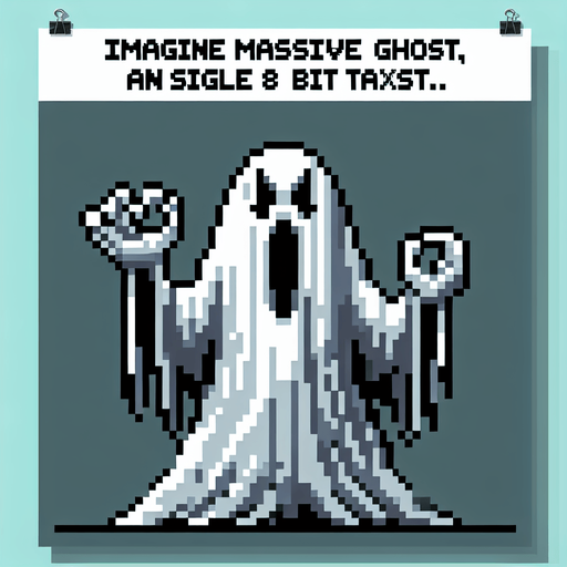 giant 8bit ghost video game boss.
Single Game Texture. In-Game asset. 2d. Blank background. High contrast. No shadows.