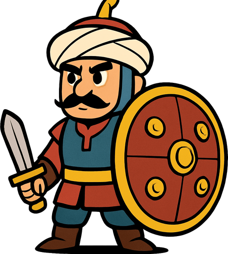 Animasyon çizgi dizi tarzında kalkanlı osmanlı askeri.Kalkanları büyük olsun
In-Game asset.  2d.  High contrast.  No shadows