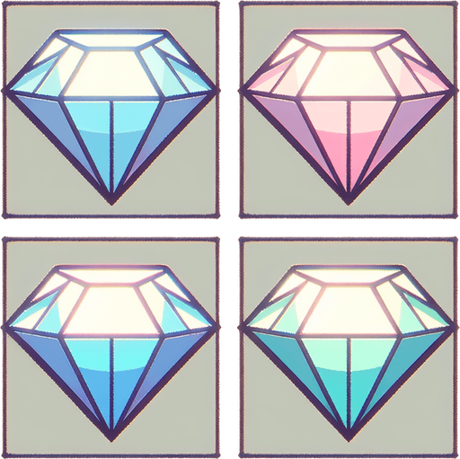4 разных бриллианта с видом спереди, Обведенный, постэльные цвета.
Single Game Texture.  In-Game asset.  2d.  Blank background.  High contrast.  No shadows