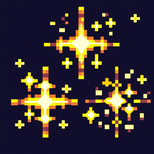 3 yellow sparkles, pixelart, no background
Single Game Texture. In-Game asset. 2d. High contrast. No shadows.