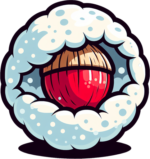 a red nut hidden in a snowball, side view, cartoon.
Single Game Texture. In-Game asset. 2d. Blank background. High contrast. No shadows.