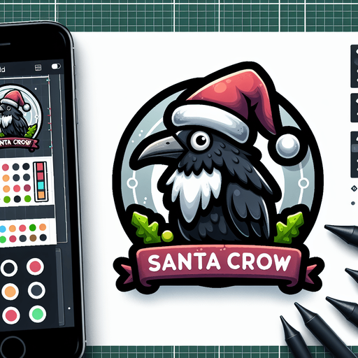 Icon for santa crow, on a circle, with the text „santa crow“ at top Single Game Texture. In-Game asset. 2d. Blank background. High contrast. No shadows.