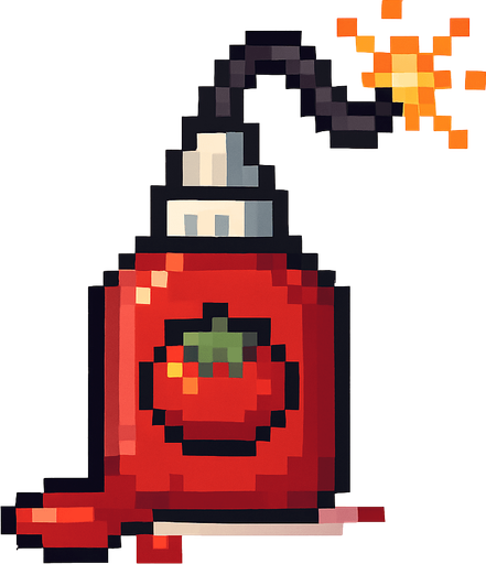 Pixel art of a red ketchup bottle turned into a bomb, with a fuse and tomato sauce leaking out. Small item, cartoonish and fun, pixel style.
In-Game asset.  2d.  High contrast.  No shadows