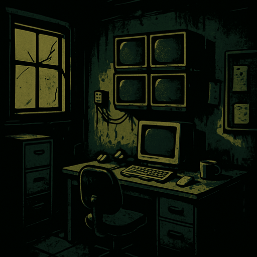 Bana bir ofis odası yap. Biraz gerilim salan ama içinde canavar olmayan eski bir karanlık güvenlik ofis odası gibi olsun.
In-Game asset.  2d.  High contrast.  No shadows