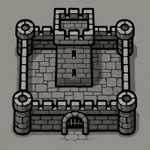 17. century tower castle square shaped 1x1 medeval military base,grey coloured top-down look , simple design, medieval-semirealistic..
In-Game asset.  2d.  High contrast.  No shadows