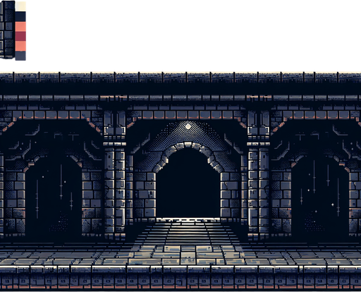 8 bit image dark castle corridor cartoon style.
Single Game Texture.  In-Game asset.  2d.  Blank background.  High contrast.  No shadows