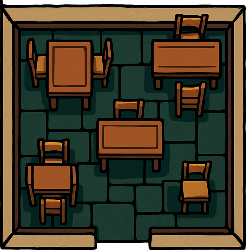 kuş bakışı birkaç masası olan bir oda.
In-Game asset.  2d.  High contrast.  No shadows