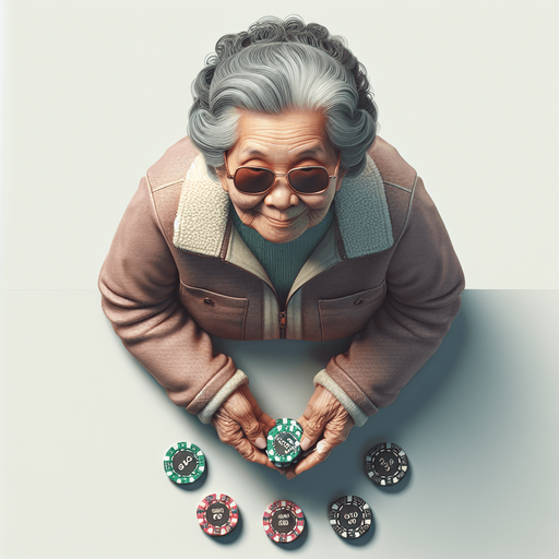 Top down image of an old lady carrying poker tokens wearing sunglasses. Single Game Texture. In-Game asset. 2d. Blank background. High contrast. No shadows.