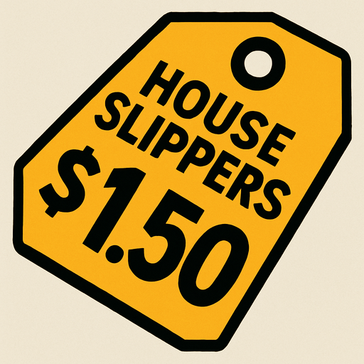 price tag that says house slippers $1.50.
In-Game asset.  2d.  High contrast.  No shadows