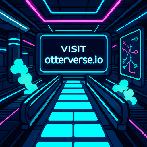 Render a subterranean transit hub lit by neon tubes and pulsating floor panels. The massive central screen displays ‘Visit otterverse.io’ in sleek futuristic font. Incorporate moving walkways, holographic route maps, and vapor clouds rising from vents—no character or coin elements..
In-Game asset.  2d.  High contrast.  No shadows