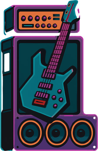 Torre de guitarra moderna, futurista con amplificacion..
In-Game asset.  2d.  High contrast.  No shadows