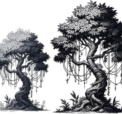tree with vines.
In-Game asset.  2d.  Blank background.  High contrast.  No shadows