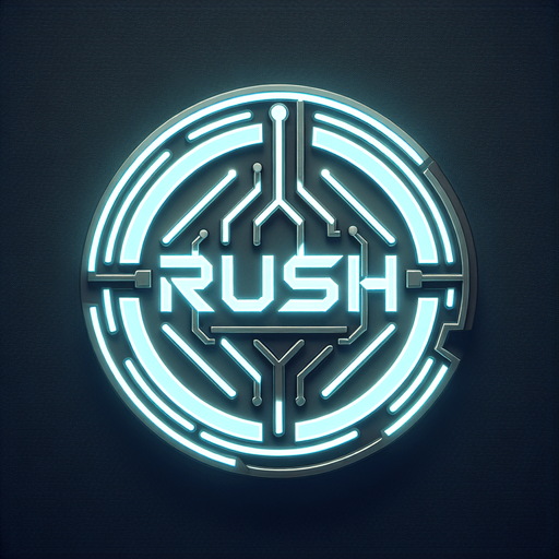 Gray Cyber neon lit logo of the word Rush.
Single Game Texture. In-Game asset. 2d. Blank background. High contrast. No shadows.