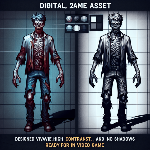 zombie.
Single Game Texture. In-Game asset. 2d. Blank background. High contrast. No shadows.