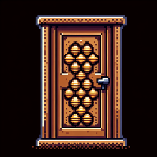 8 bit image 2d brown classic old door with beehive pattern.
Single Game Texture.  In-Game asset.  2d.  Blank background.  High contrast.  No shadows