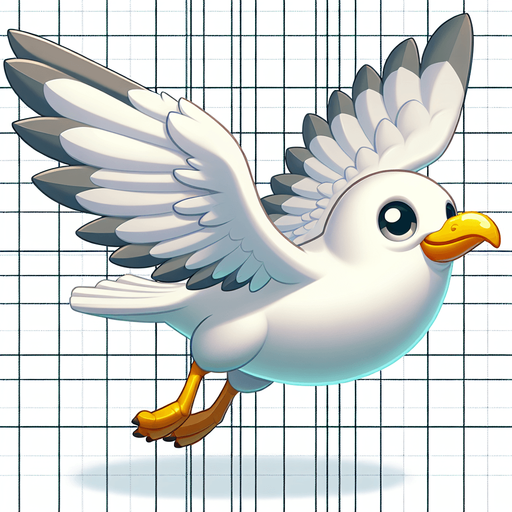 A cartoon-style seagull in mid-flight, white feathers with a light gray beak and wings slightly spread out. Expressions should be fun and mischievous.".
Single Game Texture.  In-Game asset.  2d.  Blank background.  High contrast.  No shadows