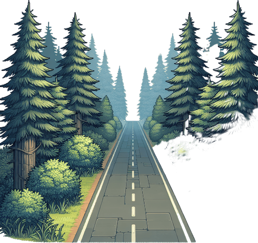 Дорога и кусты.
Single Game Texture. In-Game asset. 2d. Blank background. High contrast. No shadows.