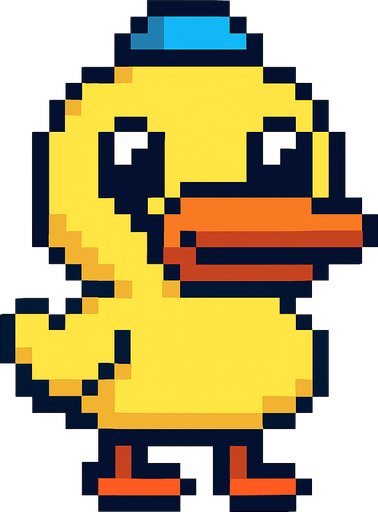 El pato debe ser un personaje simpático y reconocible en estilo pixel art, con cuerpo amarillo redondeado, pico naranja ancho y ojos grandes y amigables; debe estar de pie sobre dos patas naranjas, con pequeñas alas a los costados, y puede tener una expresión alegre o curiosa; su diseño debe ser simple pero encantador, con animación sutil como un leve balanceo, parpadeo o aleteo, y fondo transparente; opcionalmente puede llevar un gorrito, flotador o bufanda para agregar personalidad, siendo perfecto para un juego casual, infantil o humorístico..
In-Game asset.  2d.  High contrast.  No shadows