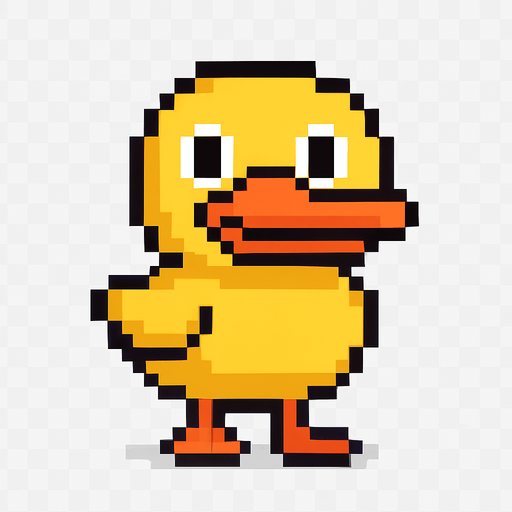 El pato debe ser un personaje simpático y reconocible en estilo pixel art, con cuerpo amarillo redondeado, pico naranja ancho y ojos grandes y amigables; debe estar de pie sobre dos patas naranjas, con pequeñas alas a los costados, y puede tener una expresión alegre o curiosa; su diseño debe ser simple pero encantador, con animación sutil como un leve balanceo, parpadeo o aleteo, y fondo transparente; opcionalmente puede llevar un gorrito, flotador o bufanda para agregar personalidad, siendo perfecto para un juego casual, infantil o humorístico..
In-Game asset.  2d.  High contrast.  No shadows