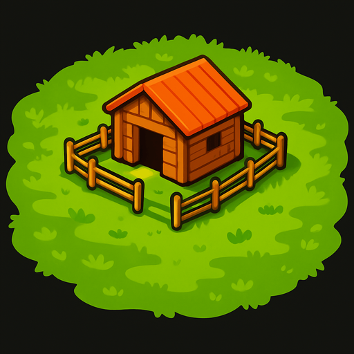 מרעה ירוק עם דיר קטן במרכזו.
In-Game asset.  2d.  High contrast.  No shadows