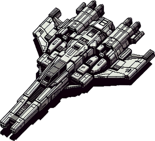 pixel space ship.
Single Game Texture.  In-Game asset.  2d.  Blank background.  High contrast.  No shadows