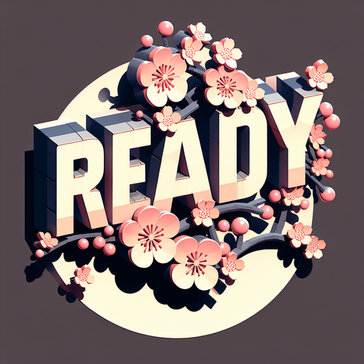 the letters 'Ready' in 3d with a japanese cartoon cherry blossom flair.
Single Game Texture.  In-Game asset.  2d.  Blank background.  High contrast.  No shadows